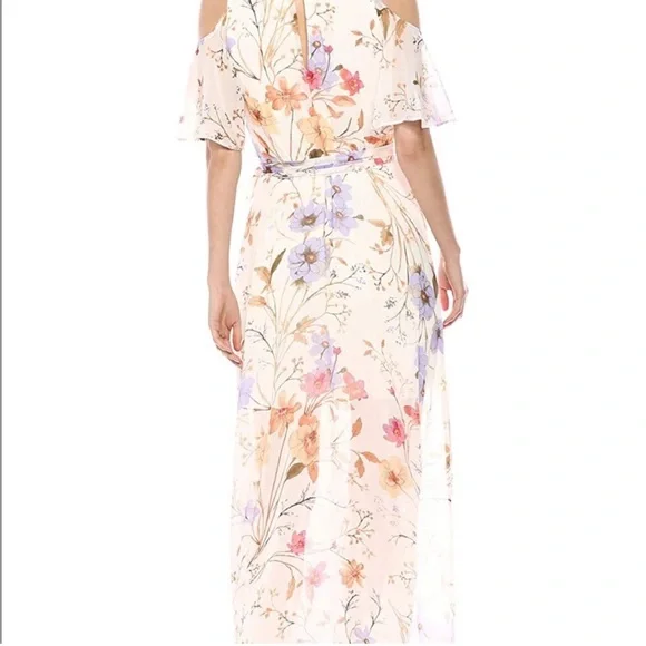 NEW Calvin Klein Cold Shoulder floral chiffon Maxi Dress with Self-sash Waist - Picture 4 of 12